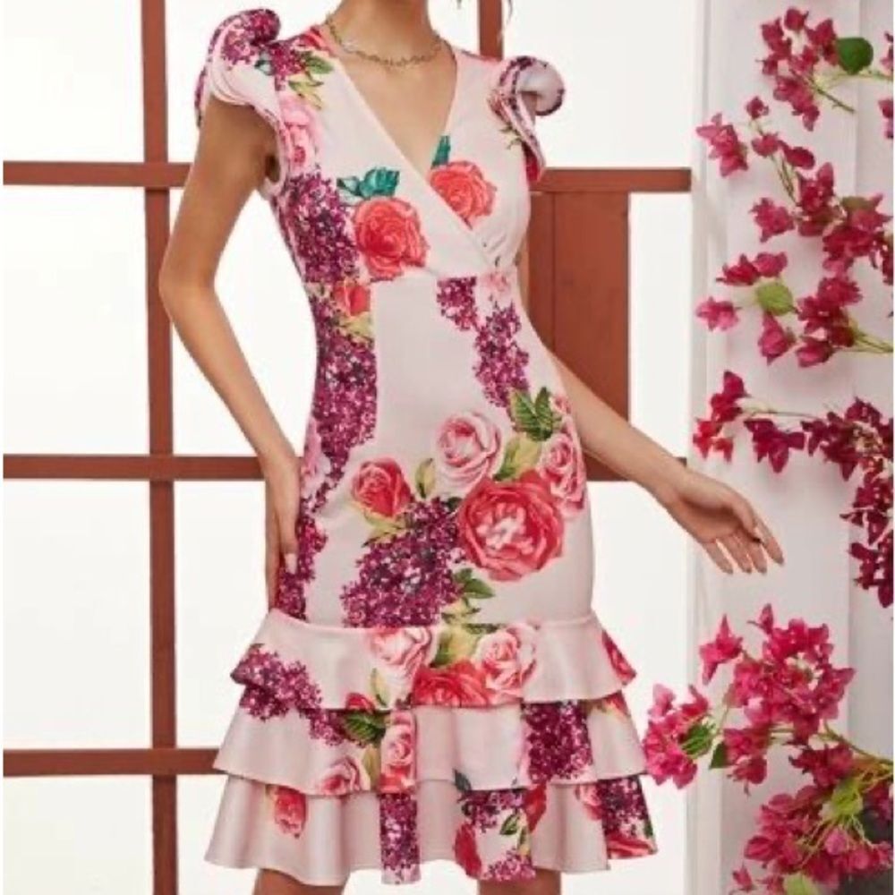 SHEIN Pink and Red Asymmetrical Ruffled Mini Dress Size S